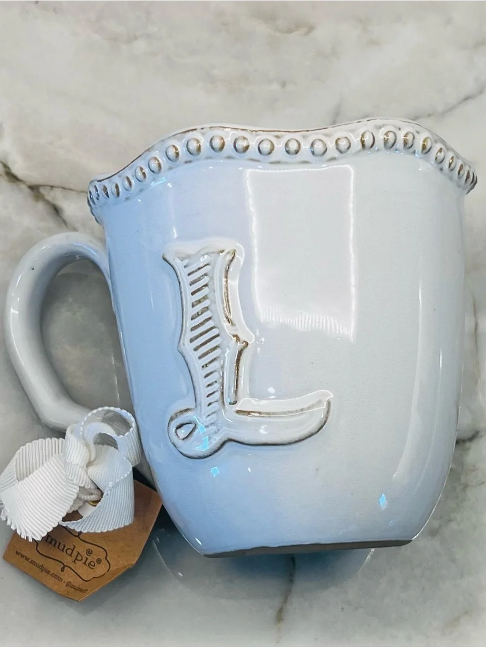 Mud Pie White Ceramic with Beaded Rim and Letter L Cup Mug NWT